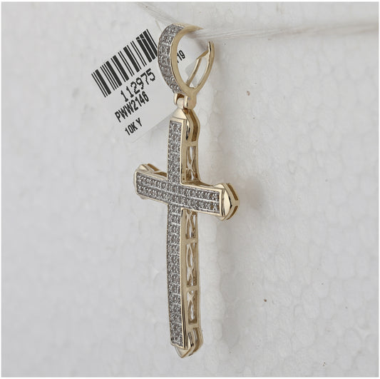 10K Yellow Gold Mens Round Diamond Cross Charm Pendant 1/4 Cttw, Length: 2.02 In, Width: 1.06 In