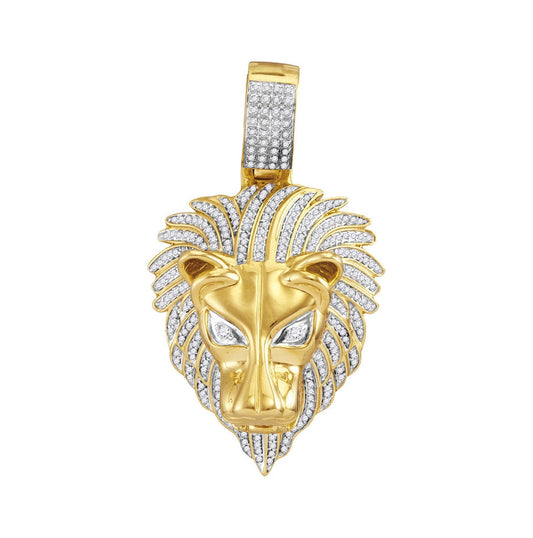 10K Yellow Gold Mens Round Diamond Lion Head Charm Pendant 7/8 Cttw, Length: 2.19 In, Width: 1.26 In