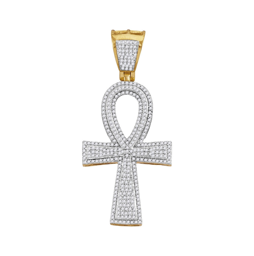 10K Yellow Gold Mens Round Diamond Ankh Cross Charm Pendant 1 Cttw, Length: 2.05 In, Width: 0.92 In