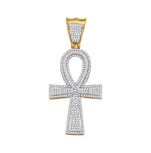 10K Yellow Gold Mens Round Diamond Ankh Cross Charm Pendant 1 Cttw, Length: 2.05 In, Width: 0.92 In