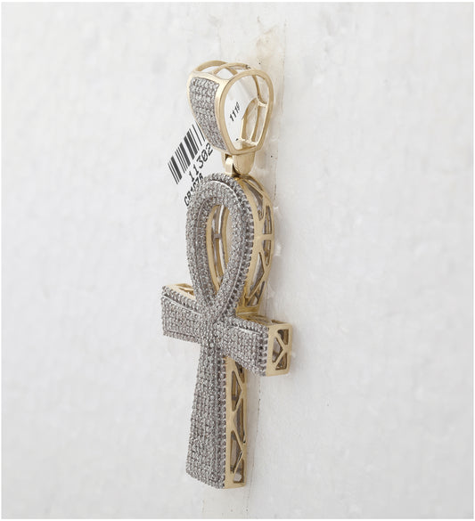 10K Yellow Gold Mens Round Diamond Ankh Cross Charm Pendant 1-1/2 Cttw, Length: 2.39 In, Width: 1.08 In