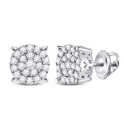 10K White Gold Womens Round Diamond Concentric Circle Cluster Earrings 1/2 Cttw, Length: 0.28 In, Width: 0.28 In