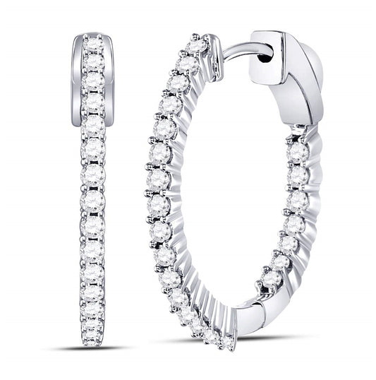10K White Gold Womens Round Inside Outside Diamond Hoop Earrings 1 Cttw, Length: 0.93 In, Width: 0.06 In