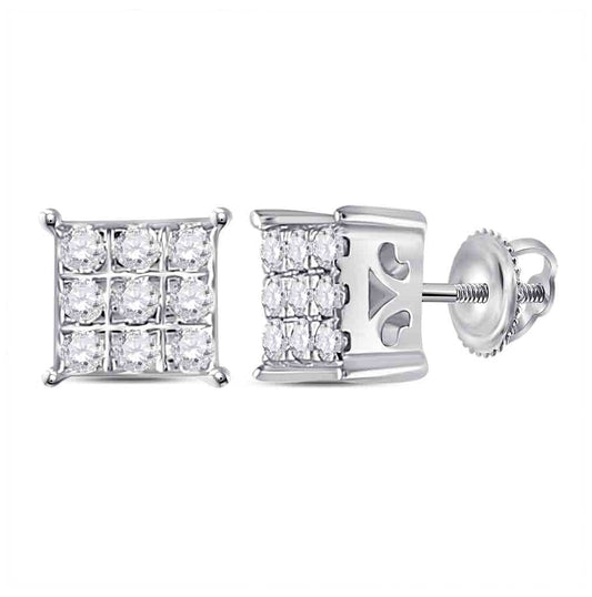 10K White Gold Women's Round Diamond Square Cluster Earrings 1/6ctw