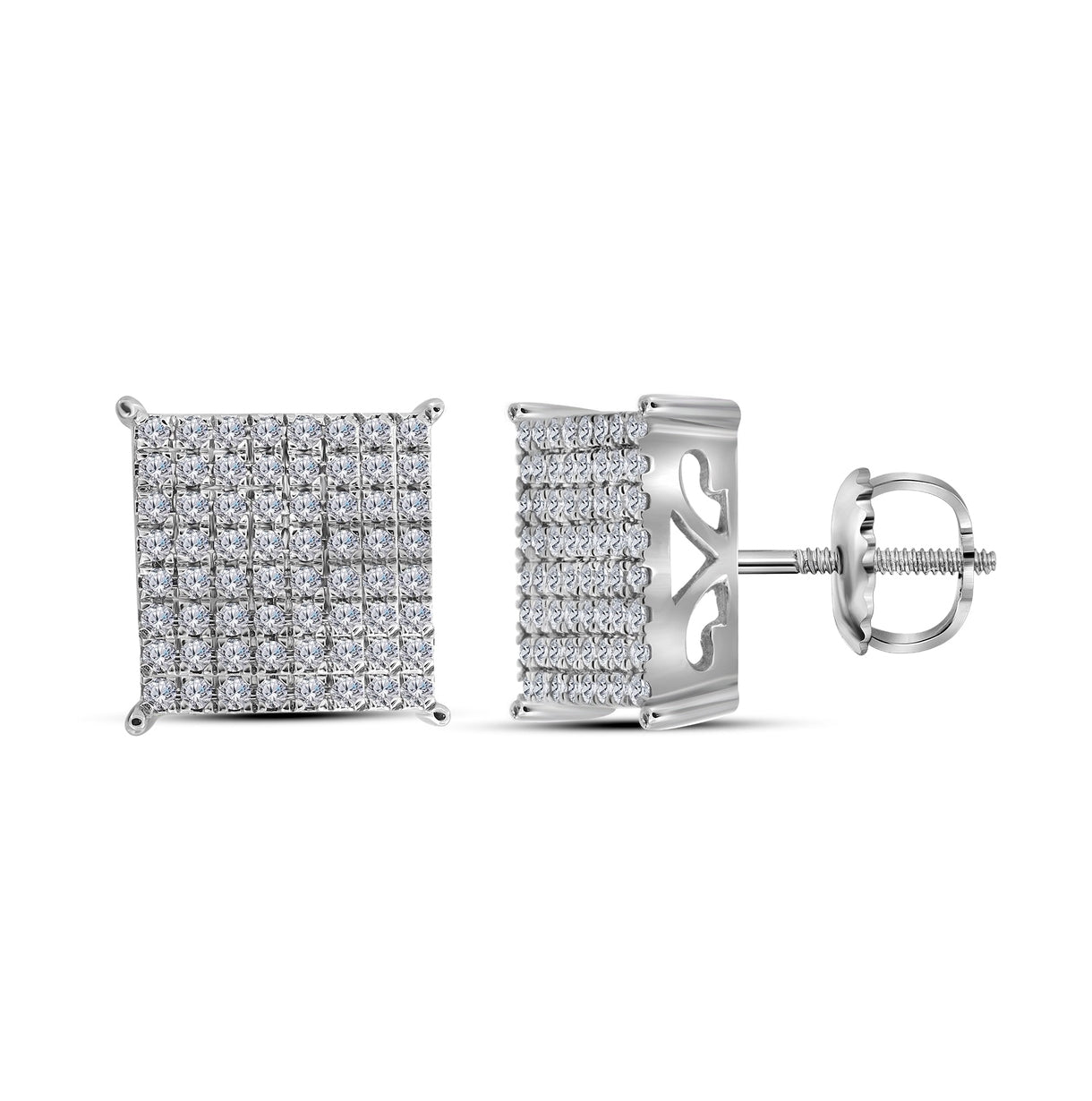 10K White Gold Womens Round Diamond Square Earrings 1ctw, Length: 0.46 Inch Width: 0.46 Inch