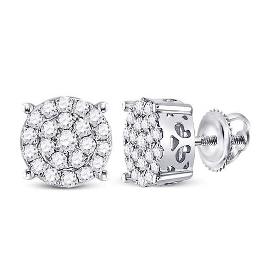10K White Gold Womens Round Diamond Cluster Earrings 3/4 Cttw, Length: 0.31 In, Width: 0.31 In