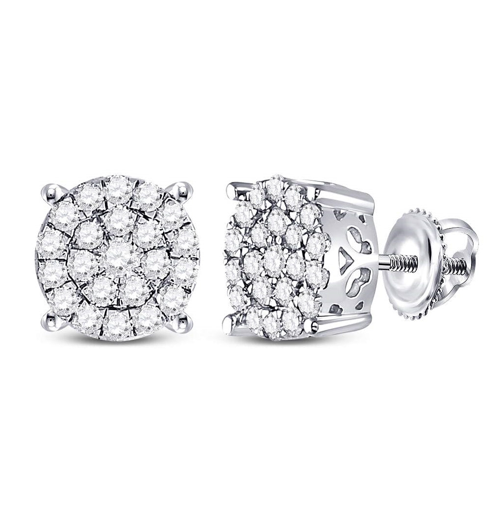 10K White Gold Womens Round Diamond Cluster Earrings 1ctw, Length: 0.37 Inch Width: 0.37 Inch