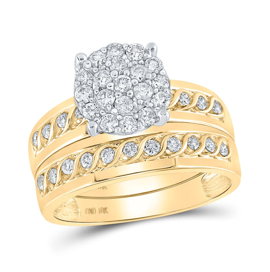 10K Yellow Gold His Hers Round Diamond Cluster Matching Wedding Set 3/4 Cttw, Womens Size: 5-10, Mens Size: 7-13
