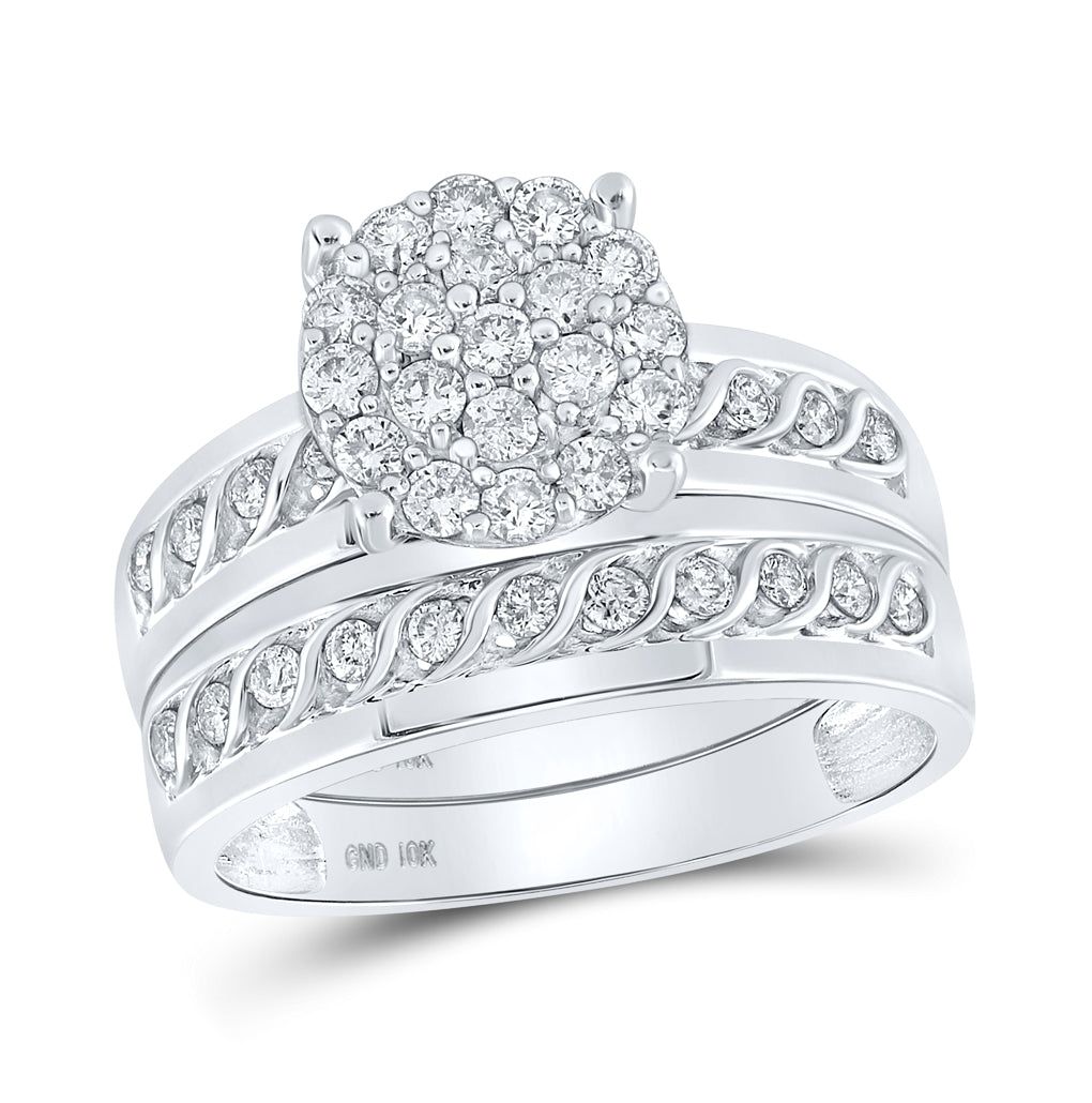 10K White Gold His Hers Round Diamond Cluster Matching Wedding Set 3/4ctw, Womens Size: 5-10, Mens Size: 7-13