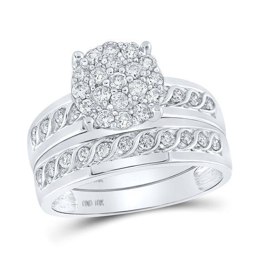 10K White Gold His Hers Round Diamond Cluster Matching Wedding Set 3/4ctw, Womens Size: 5-10, Mens Size: 7-13