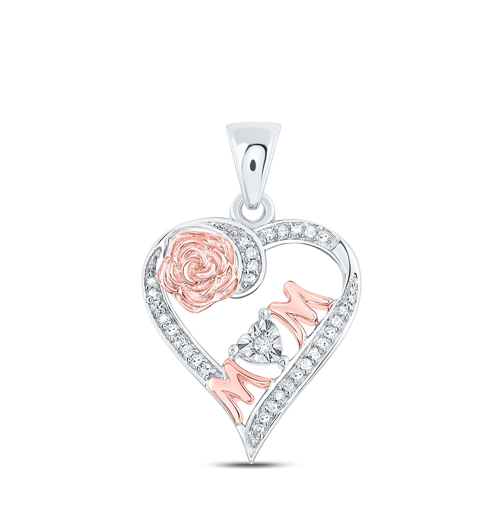 Sterling Silver Womens Round Diamond Rose-tone Mom Heart Pendant 1/8ctw, Length: 1.11 Inch Width: 0.72 Inch