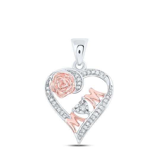 Sterling Silver Womens Round Diamond Rose-tone Mom Heart Pendant 1/8ctw, Length: 1.11 Inch Width: 0.72 Inch