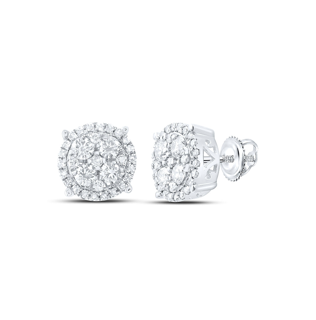 10K White Gold Womens Round Diamond Cluster Earrings 1 Cttw, Length: 0.36 In, Width: 0.36 In