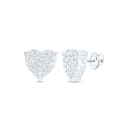 10K White Gold Womens Round Diamond Heart Cluster Stud Earrings 3/4ctw