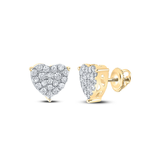 10K Yellow Gold Womens Round Diamond Heart Earrings 1 Cttw, Length: 0.41 In, Width: 0.37 In