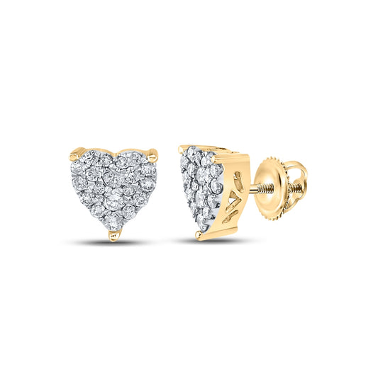 10K Yellow Gold Womens Round Diamond Heart Earrings 1/4 Cttw