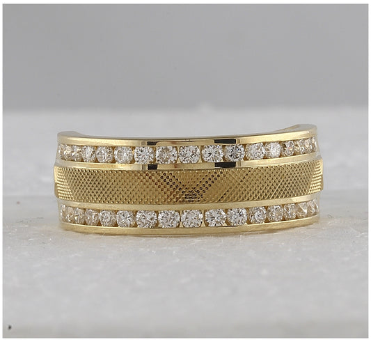 14K Yellow Gold Mens Round Diamond Double Row Textured Wedding Band Ring 1 Cttw, Mens Size: 7-13