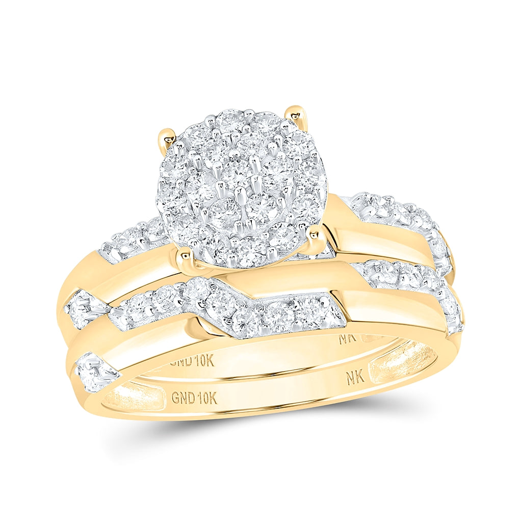10K Yellow Gold His Hers Round Diamond Cluster Matching Wedding Set 1ctw, Womens Size: 5-10, Mens Size: 7-13