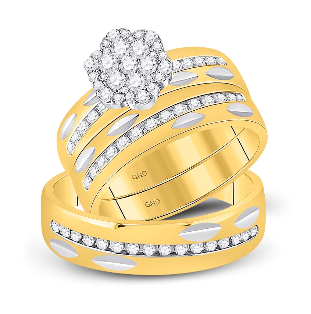 14K Yellow Gold His Hers Round Diamond Cluster Matching Wedding Set 3/4 Cttw, Womens Size: 5-10, Mens Size: 7-13