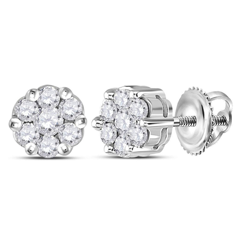 14K White Gold Womens Round Diamond Flower Cluster Earrings 1/4 Cttw, Length: 0.2 In, Width: 0.2 In