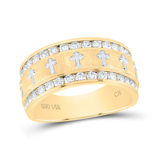 14k Yellow Gold Mens Round Diamond Grecco Cross Wedding Anniversary Band Ring 1 Cttw, Mens Size: 7-13