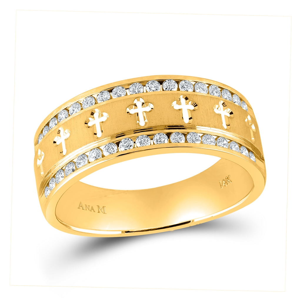 14K Yellow Gold Mens Round Channel-set Diamond Cross Wedding Band Ring 1/2 Cttw, Mens Size: 7-13