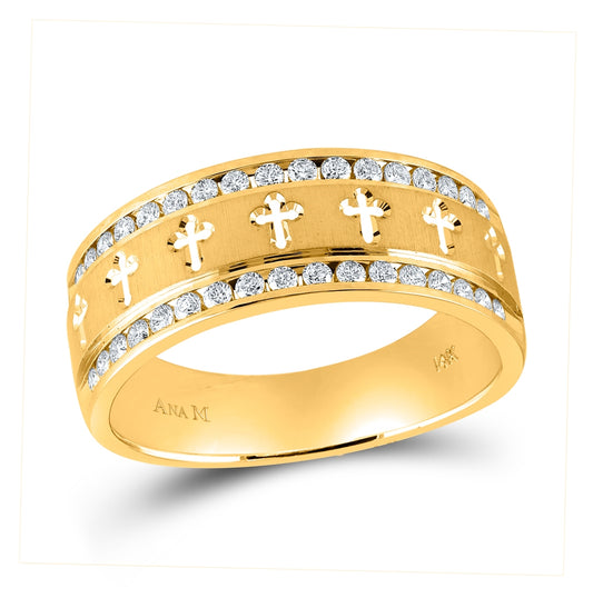 14K Yellow Gold Mens Round Channel-set Diamond Cross Wedding Band Ring 1/2 Cttw, Mens Size: 7-13