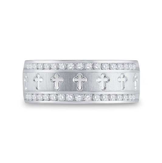 14K White Gold Mens Round Diamond Wedding Cross Band Ring 1/2 Cttw, Mens Size: 7-13