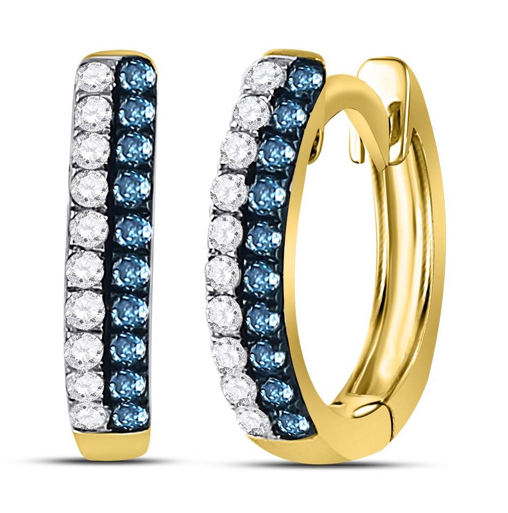 10K White Or Yellow Gold Womens Round Blue Color Enhanced Diamond Huggie Earrings