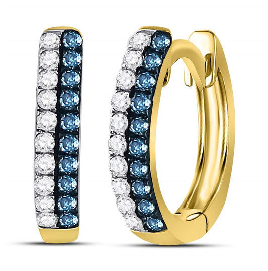 10K White Or Yellow Gold Womens Round Blue Color Enhanced Diamond Huggie Earrings