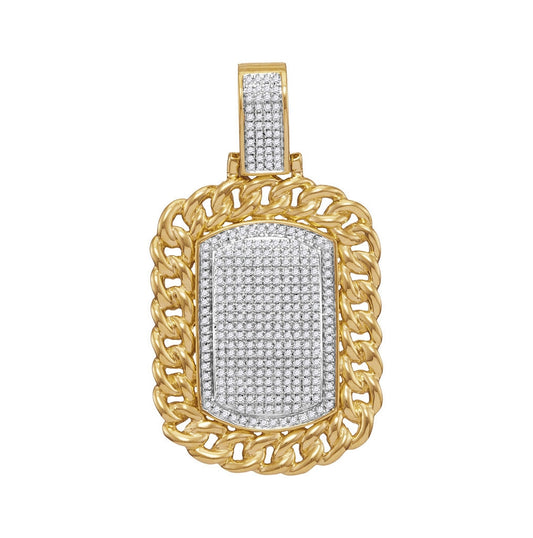 10kt Yellow Gold Mens Round Diamond Cuban Link Frame Outline Dog Tag Cluster Charm Pendant 7/8 Cttw