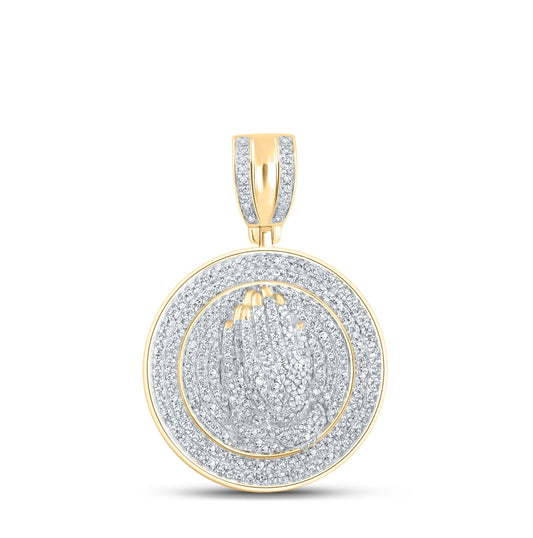 10kt Yellow Gold Mens Round Diamond Praying Prayer Hands Medallion Charm Pendant 7/8 Cttw