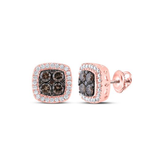 10K Rose Gold Womens Round Brown Diamond Square Earrings 1/2 Cttw