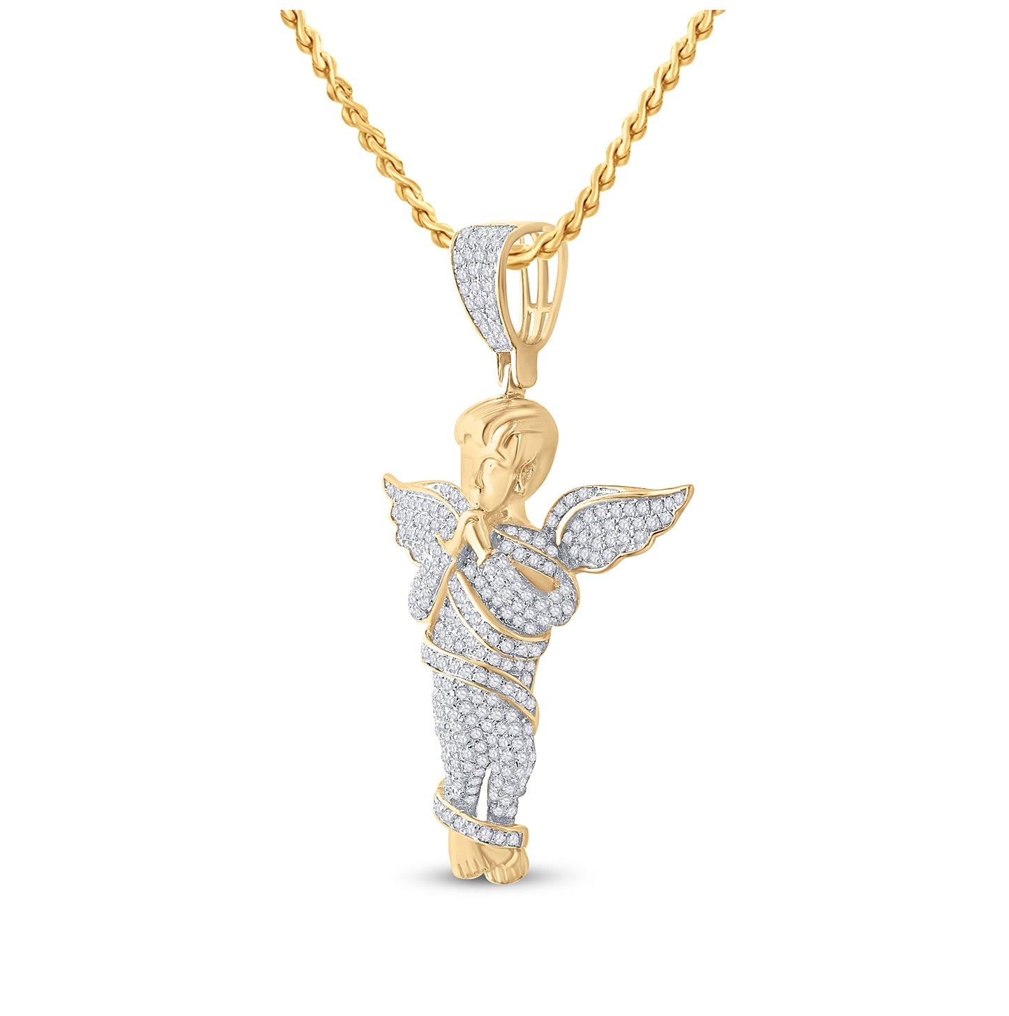 10K Yellow Gold Mens Round Diamond Praying Angel Wings Charm Pendant 7/8 Cttw, Length: 1.7 In, Width: 1.05 In