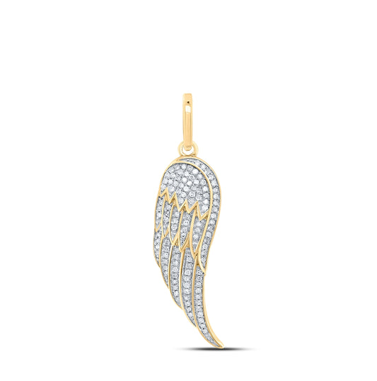 10K Yellow Gold Mens Round Diamond Feather Wing Charm Pendant 1/3 Cttw, Width: 0.39 In