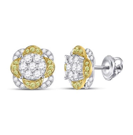 14kt White Gold Womens Round Yellow Diamond Flower Cluster Earrings 5/8 Cttw