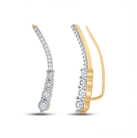 Yellow-tone Sterling Silver Womens Round Diamond Climber Earrings 1/4 Cttw, Length: 0.98 In, Width: 0.12 In