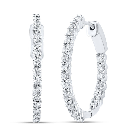 14K White Gold Womens Round Diamond Inside Outside Hoop Earrings 2ctw