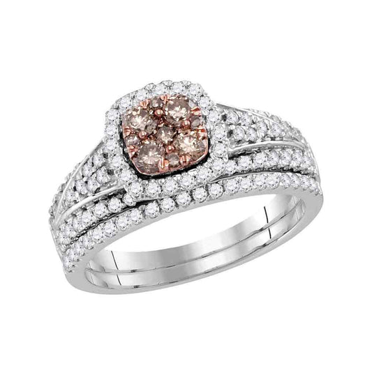 14kt White Gold Womens Round Brown Diamond Bridal Wedding Engagement Ring Band Set 1.00 Cttw