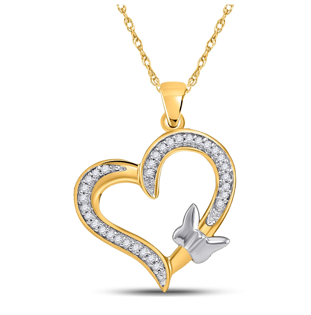 10K Yellow Or White Gold Womens Round Diamond Butterfly Heart Pendant 1/10 Cttw