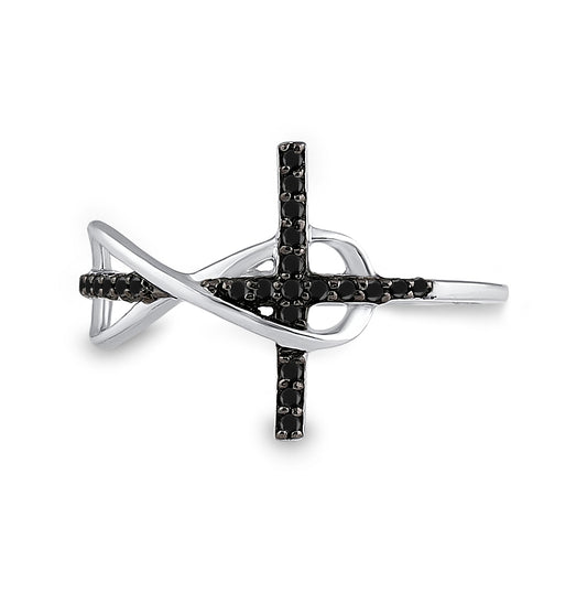 Sterling Silver Womens Round Black Color Enhanced Diamond Cross Infinity Ring 1/10 Cttw, Womens Size: 5-10