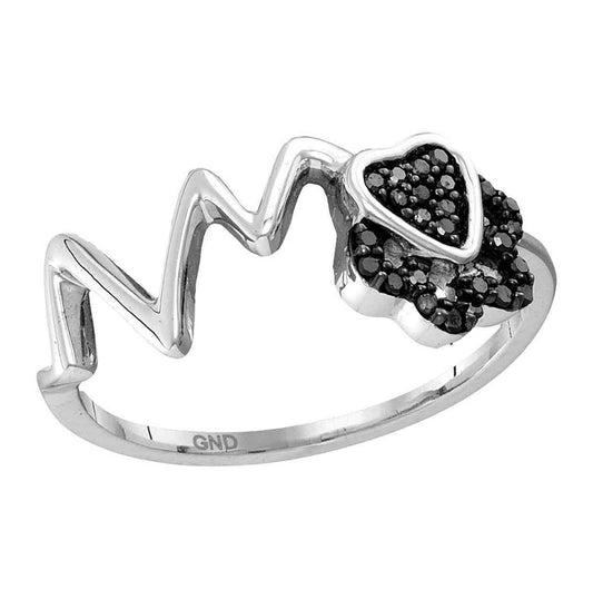 Sterling Silver Womens Round Black Color Enhanced Diamond Heartbeat Heart Band Ring 1/6 Cttw