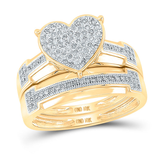 10K Yellow Gold His Hers Round Diamond Heart Matching Wedding Set 1/2 Cttw, Womens Size: 5-10, Mens Size: 7-13