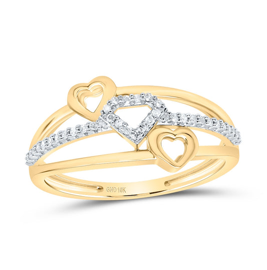 10K Yellow Gold Womens Round Diamond Double Heart Striped Band Ring 1/10 Cttw, Womens Size: 5-10