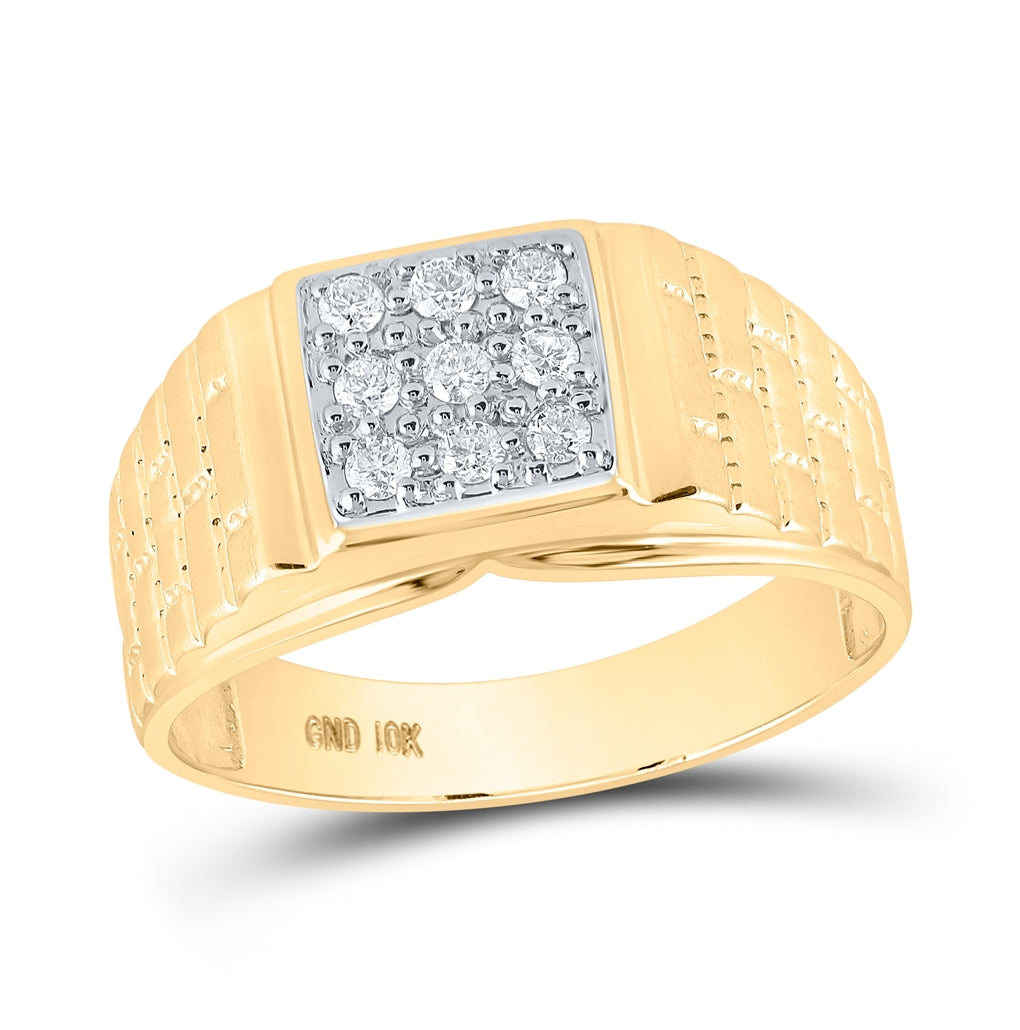 10K Yellow Gold Mens Round Diamond Brick Square Ring 1/4 Cttw, Mens Size: 7-13
