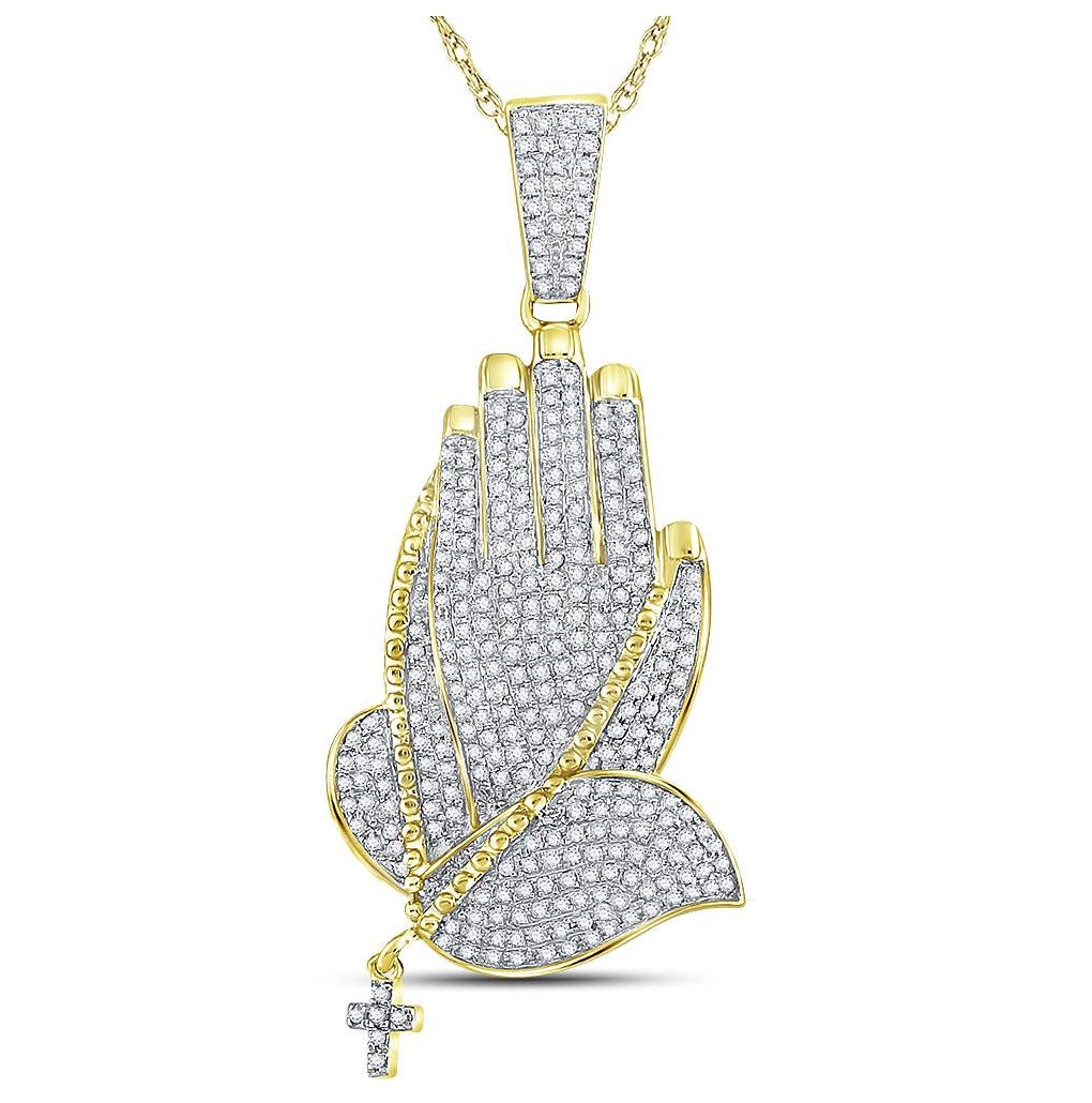 10K Yellow Gold Mens Round Diamond Prayer Hands Charm Pendant 7/8 Cttw, Length: 1.66 In, Width: 0.8 In