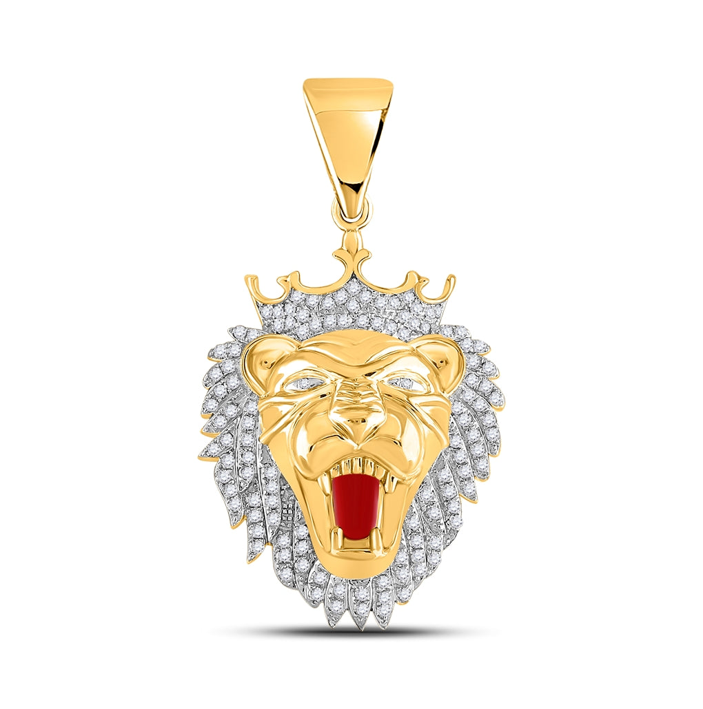 10K Yellow Gold Mens Round Diamond King Lion Crown Charm Pendant 1 Cttw