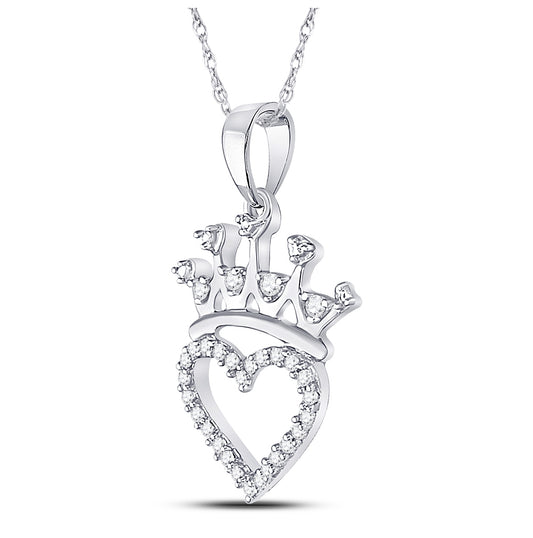 Sterling Silver Womens Round Diamond Crown Heart Pendant 1/10ctw, Length: 0.81 Inch Width: 0.5 Inch