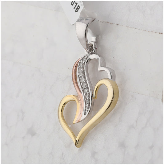 Tri-Tone Sterling Silver Womens Round Diamond Heart Pendant 1/20ctw