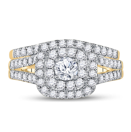 14K Yellow Gold Round Diamond Halo Bridal Wedding Ring Band Set 1-1/4 Cttw, Womens Size: 5-10